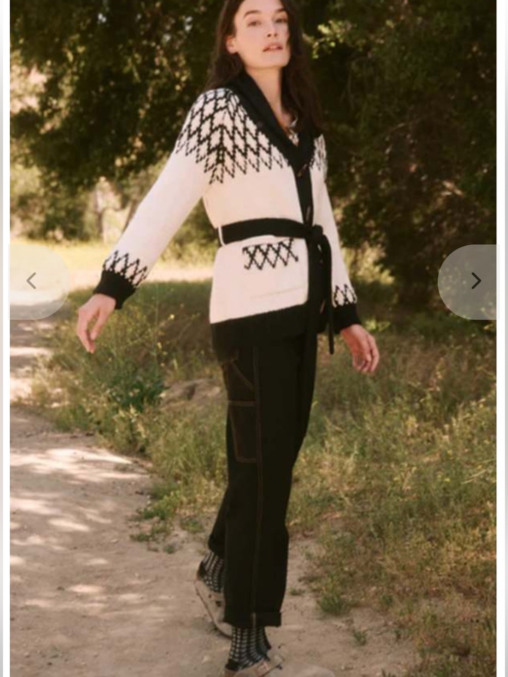 THE GREAT. The Geo Fair Isle Riding Cardigan in Black and Cream